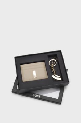 Ariell leather card holder and key ring gift set , Light Beige