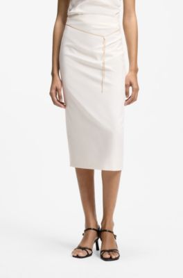 Pencil skirt with gold-tone chain belt, White