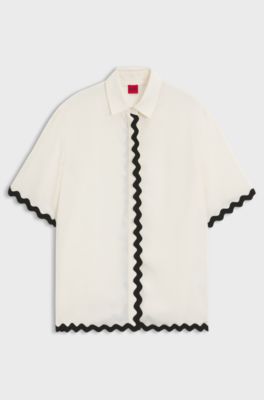 Relaxed-Fit Bluse mit kontrastfarbenem Zickzack-Band, Schwarz / Wei&szlig;