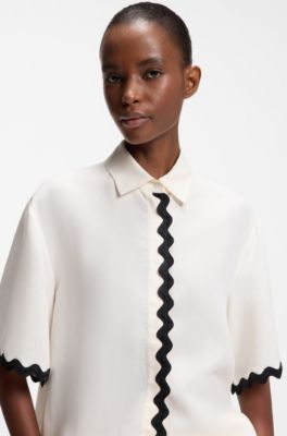 Relaxed-fit blouse with contrast zigzag tape, Black / White