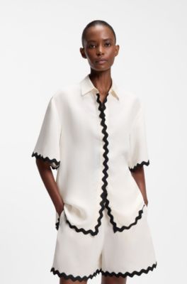 Relaxed-fit blouse with contrast zigzag tape, Black / White