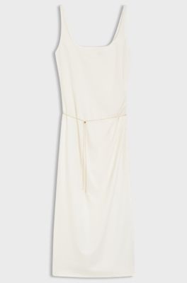 Square-neck dress with golden chain belt, Natural