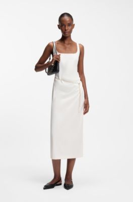 Square-neck dress with golden chain belt, Natural