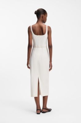 Square-neck dress with golden chain belt, Natural