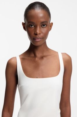 Square-neck dress with golden chain belt, Natural