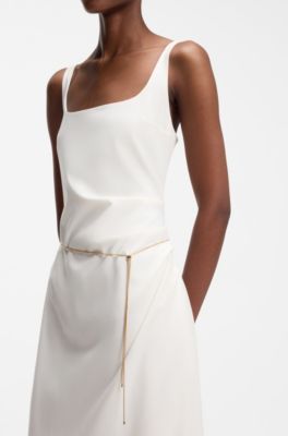 Square-neck dress with golden chain belt, Natural
