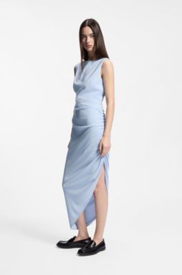Crepe dress with gathered asymmetric hemline, Light Blue