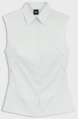 Sleeveless slim-fit blouse in a stretch-cotton blend, Light Blue