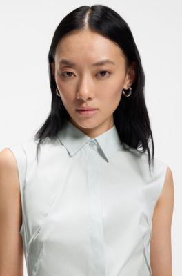 Sleeveless slim-fit blouse in a stretch-cotton blend, Light Blue