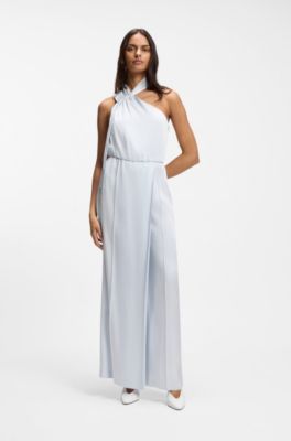 Jumpsuit mit One-Shoulder und Wickelfront, Hellblau
