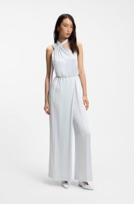 One-shoulder jumpsuit with wrap-effect front, Light Blue