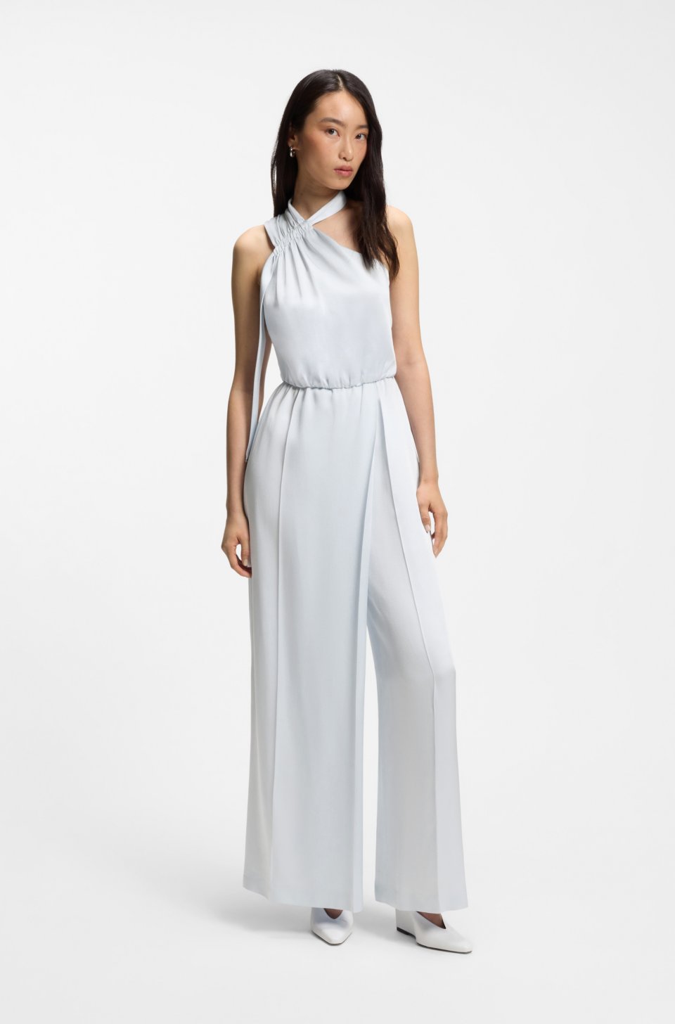 One-shoulder jumpsuit with wrap-effect front