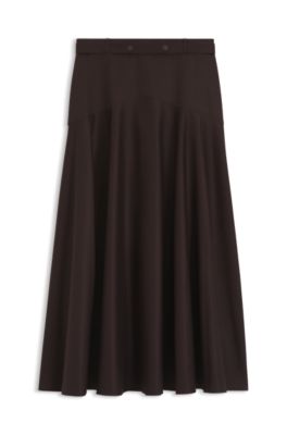 Belted A-line skirt in stretch cotton, Dark Brown