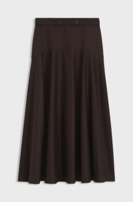 Belted A-line skirt in stretch cotton, Dark Brown