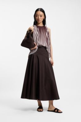 Belted A-line skirt in stretch cotton, Dark Brown