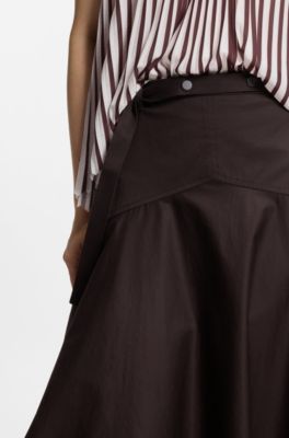 Belted A-line skirt in stretch cotton, Dark Brown