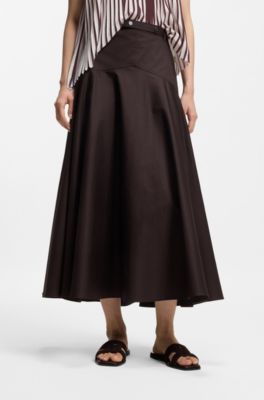 Belted A-line skirt in stretch cotton, Dark Brown