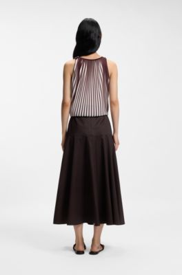 Belted A-line skirt in stretch cotton, Dark Brown