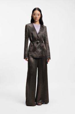 Pantaloni relaxed fit in twill lucido, Marrone scuro