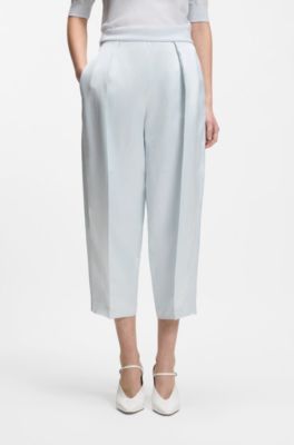 Pantaloni relaxed fit in satin con pieghe sulla parte anteriore, Celeste