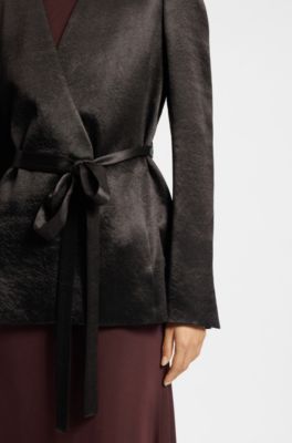 Byxor i slim fit i glansig twill, M&ouml;rkbrun