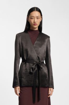 Blazer slim fit in twill lucente, Marrone scuro