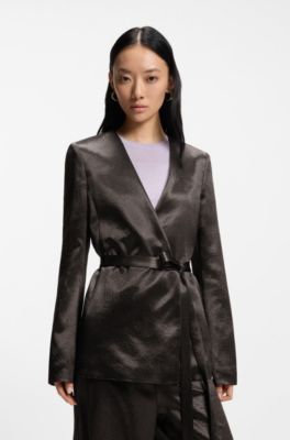 Slim-fit blazer in lustrous twill, Dark Brown