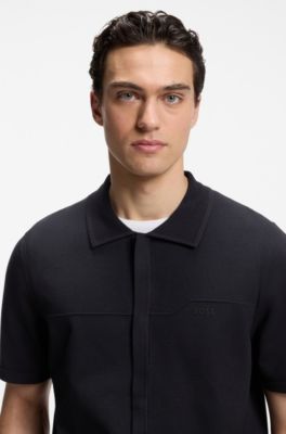 Zip-through polo sweater in a textured fabric, Dark Blue