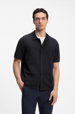 Zip-through polo sweater in a textured fabric, Dark Blue