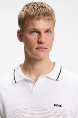 Cotton polo sweater with Johnny collar, White