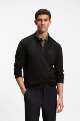 Pull en coton m&eacute;lang&eacute; avec encolure zipp&eacute;e, Noir