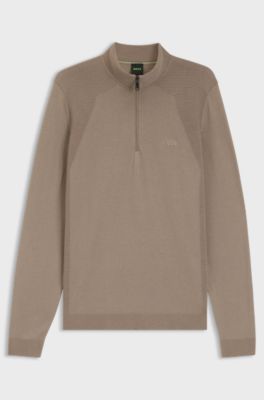 Zip-neck sweater in a cotton blend, Light Brown