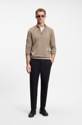 Zip-neck sweater in a cotton blend, Light Brown