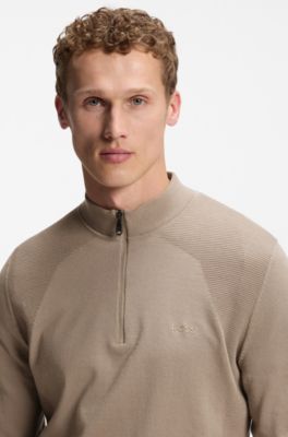 Zip-neck sweater in a cotton blend, Light Brown
