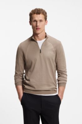 Zip-neck sweater in a cotton blend, Light Brown