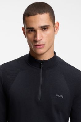 Zip-neck sweater in a cotton blend, Dark Blue
