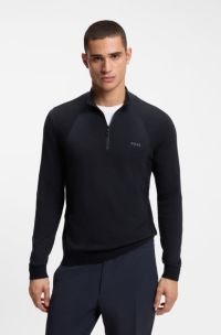 Zip-neck sweater in a cotton blend, Dark Blue