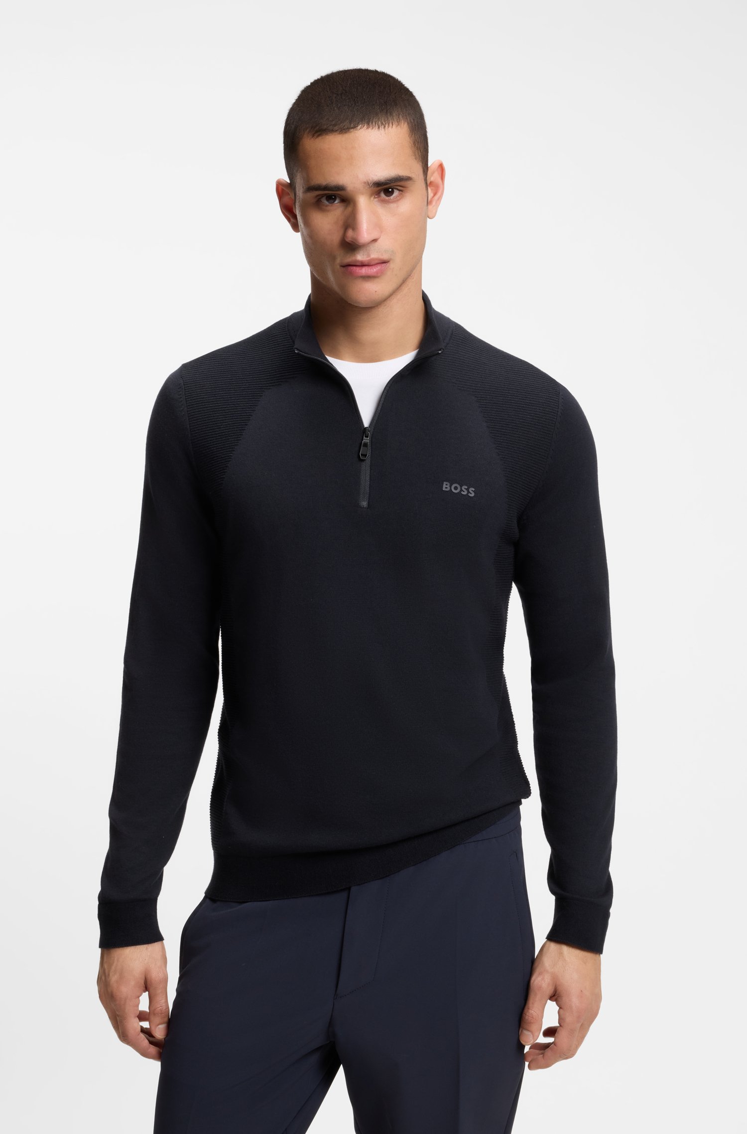 Boss Zip-neck sweater in a cotton blend stickade tröjor herr