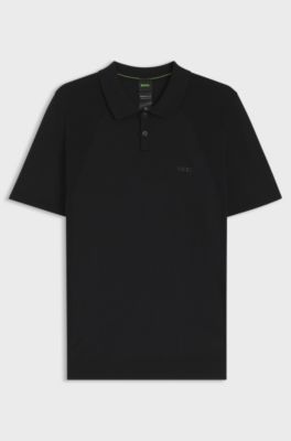 Cotton-blend knit polo with bodymapping structure, Black