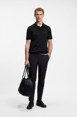 Cotton-blend knit polo with bodymapping structure, Black