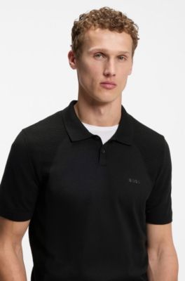 Cotton-blend knit polo with bodymapping structure, Black