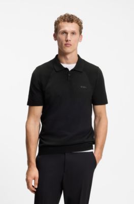 Cotton-blend knit polo with bodymapping structure, Black