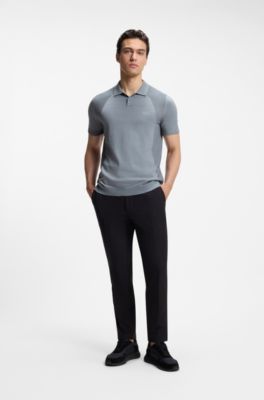 Cotton-blend knit polo with bodymapping structure, Grey