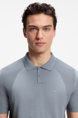 Cotton-blend knit polo with bodymapping structure, Grey