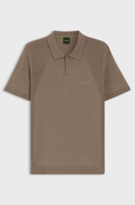 Cotton-blend knit polo with bodymapping structure, Light Brown