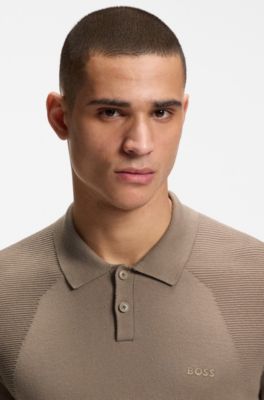 Cotton-blend knit polo with bodymapping structure, Light Brown