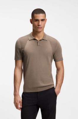 Cotton-blend knit polo with bodymapping structure, Light Brown