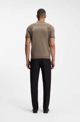 Cotton-blend knit polo with bodymapping structure, Light Brown