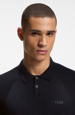 Cotton-blend knit polo with bodymapping structure, Dark Blue