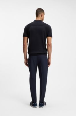 Cotton-blend knit polo with bodymapping structure, Dark Blue